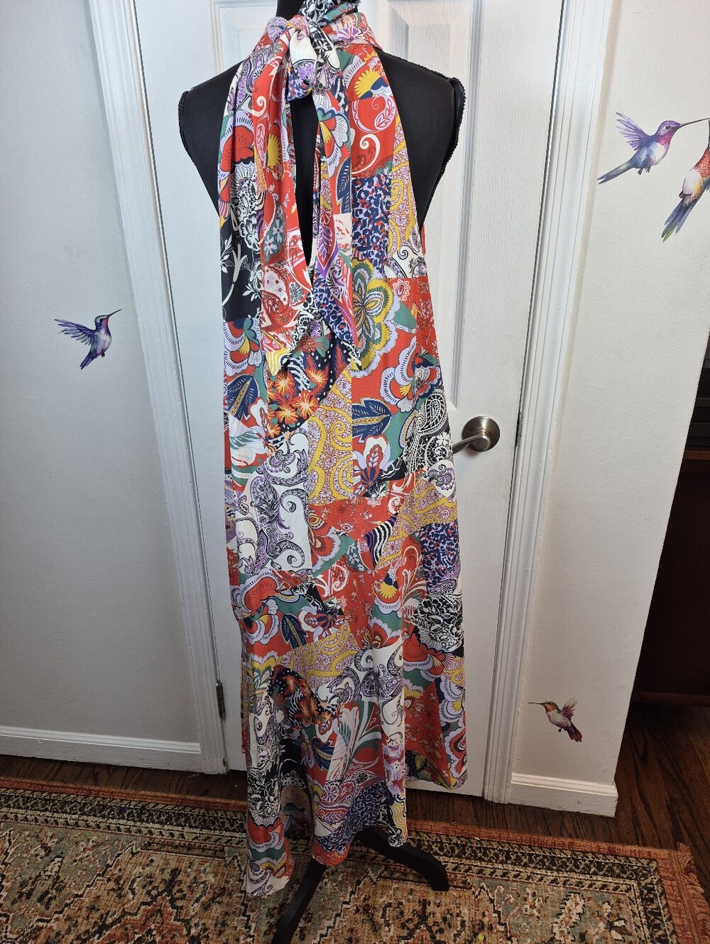 Anthropologie 100% Silk Patchwork Halter Maxi Dress XL Boho Whimsigoth Vibrant - Picture 6 of 8